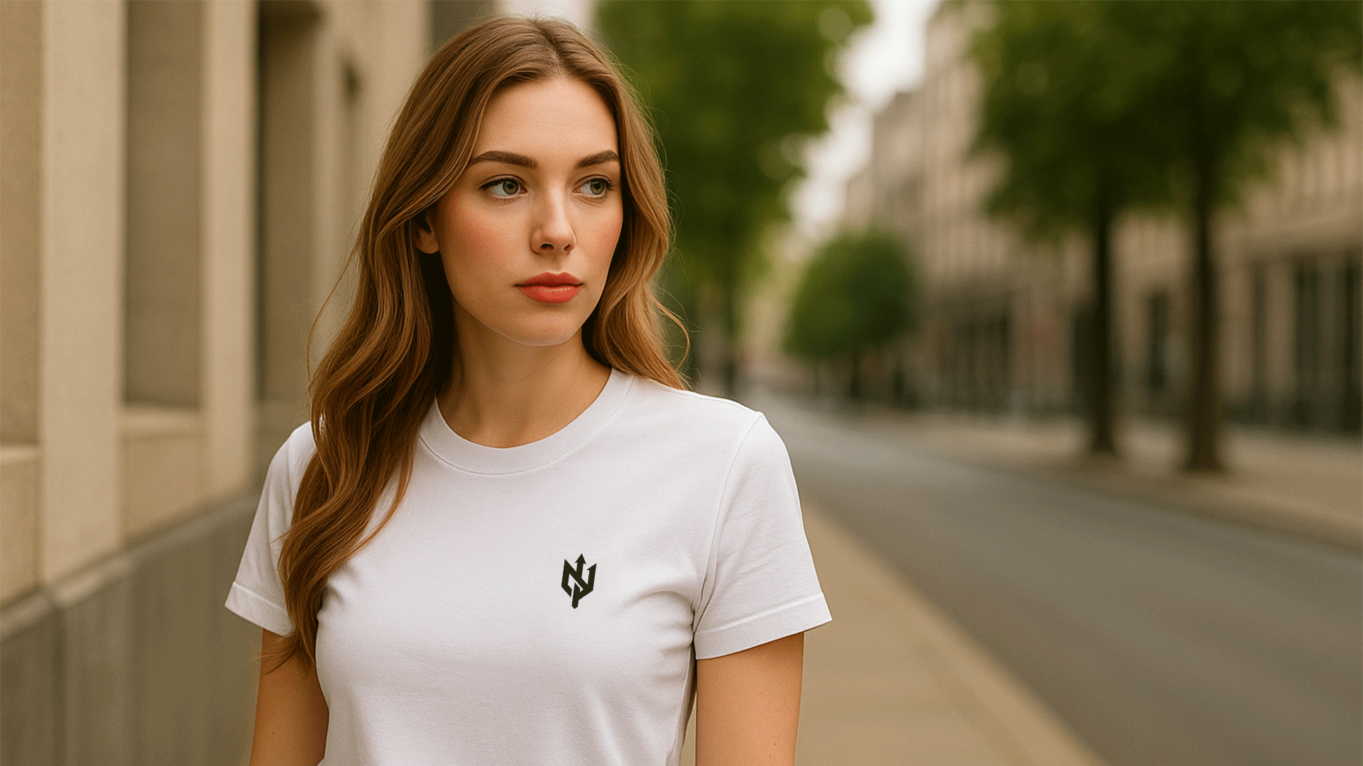 Woman wearing a white t-shirt with a logo on a city street