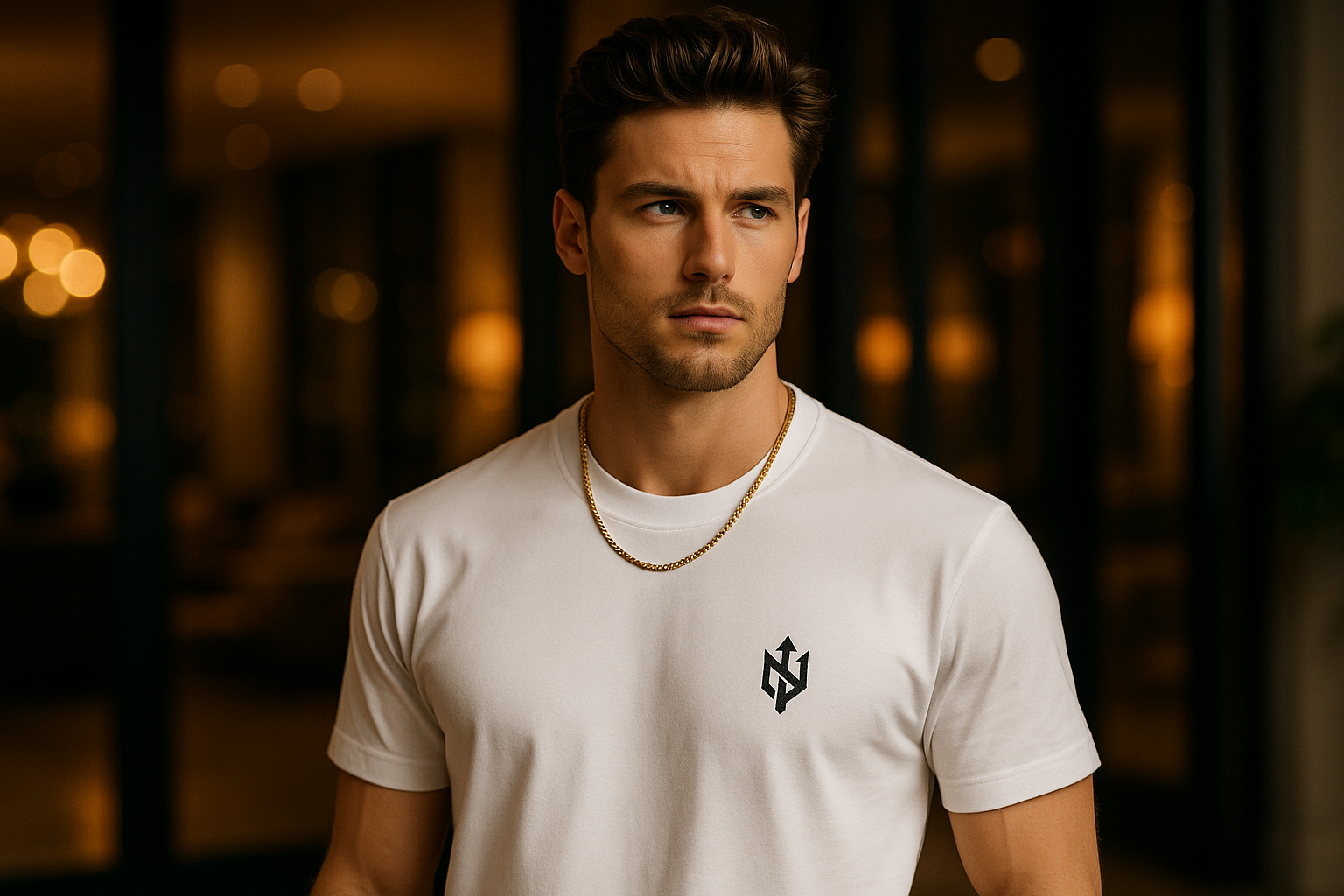 Man wearing a white t-shirt with a logo in a warm-toned setting