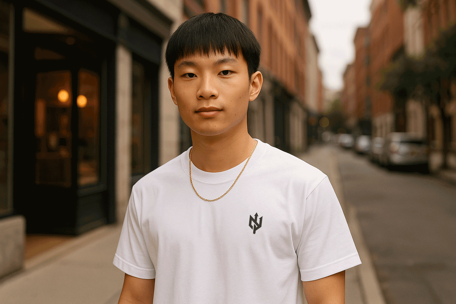 Person wearing a white t-shirt with a small logo on a city street